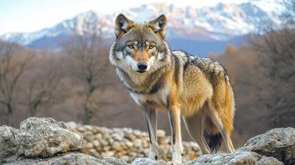 Naklejka premium Majestic Wolf Standing on Rocky Terrain in Mountainous Forest with Snow-Capped Peaks in the Background on a Clear Day