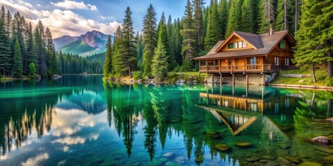 Chalet overlooking a crystal lake surrounded by lush pine trees, chalet, crystal lake, pine trees, nature, tranquil