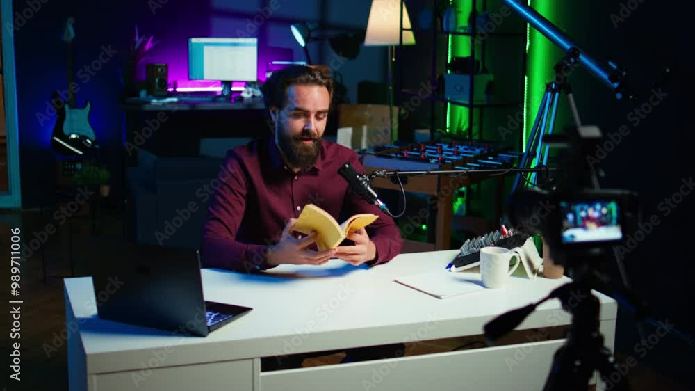 Poster online show host reading and recommending best reviewed books of the year. content creator in studio