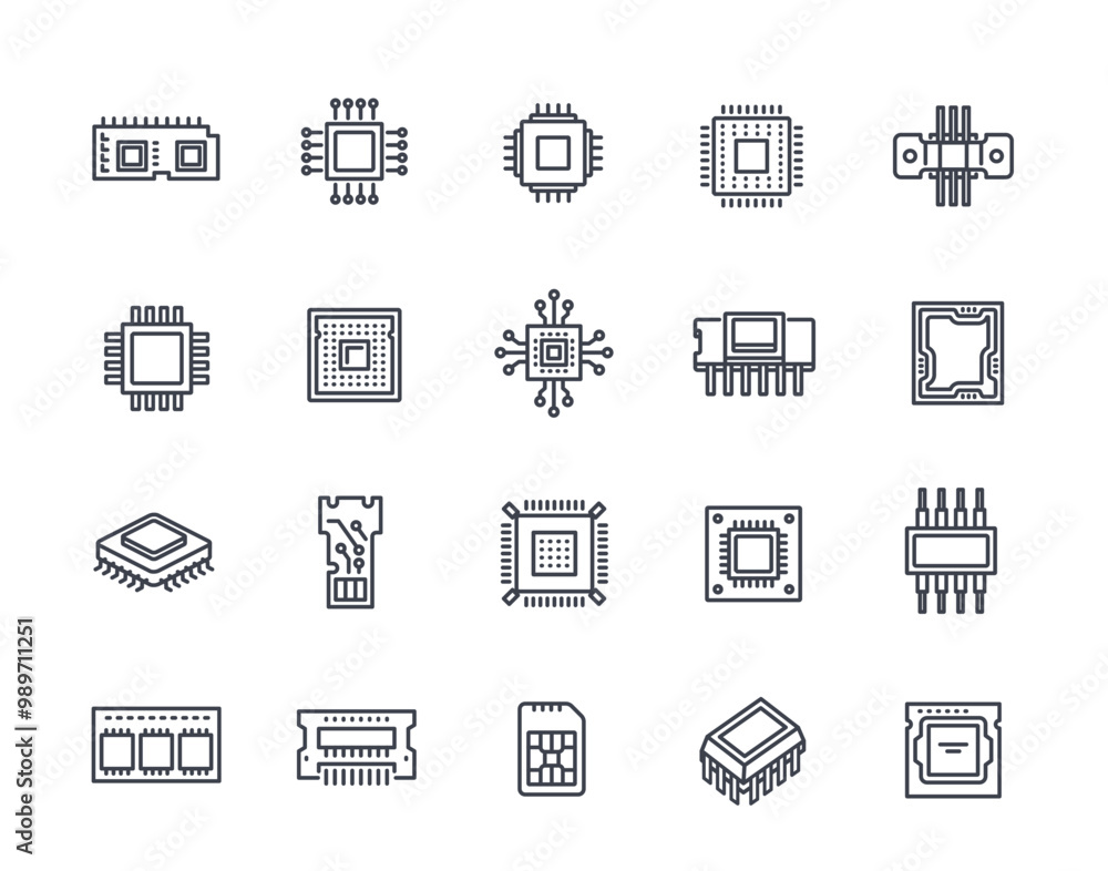 Fototapete set of electronics related line icon. simple symbols with microchip, processor and circuit. differen
