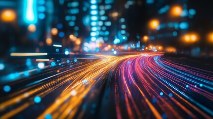 Bright light streaks move dynamically across dark urban landscape forming futuristic impression. AI generated