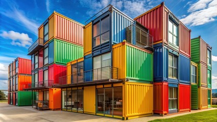 Fototapeta premium Colorful building made out of repurposed shipping containers, shipping containers, colorful, vibrant