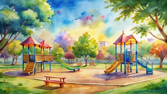 Watercolor of a vibrant playground scene, watercolor,colorful, playground, swingset, slide, sandbox, children, playing, fun, outdoors
