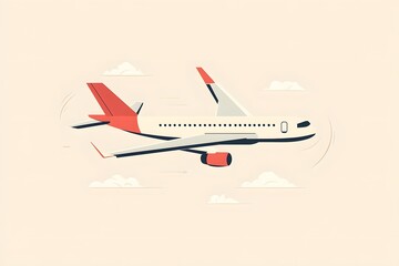 An isolated flat illustration of an airplane in flight, using clean, bold shapes and minimal colors, representing travel and exploration