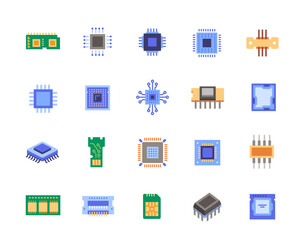 Set of Electronics Related Icons. Colorful signs with chip, different electronic modules, circuit and microchip. Design elements for app. Flat vector illustration collection isolated on background