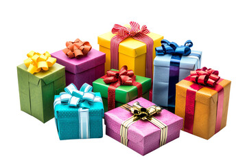 Fototapeta premium Colorful Assortment of Gift Boxes with Various Wrapping Styles and Ribbons, Ideal for Holidays, Birthdays, and Special Occasions, Isolated on White Background