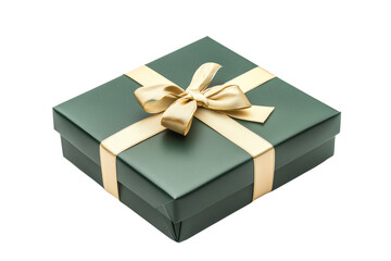 Fototapeta premium Elegant Green Gift Box with Gold Ribbon and Bow, Perfect for Holidays, Birthdays, and Special Occasions, Isolated on White Background