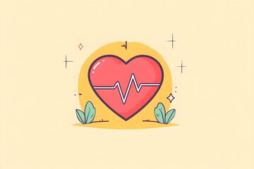 An isolated flat illustration of a heart with a pulse line running through it, symbolizing healthcare and wellness, using clean lines and calming colors