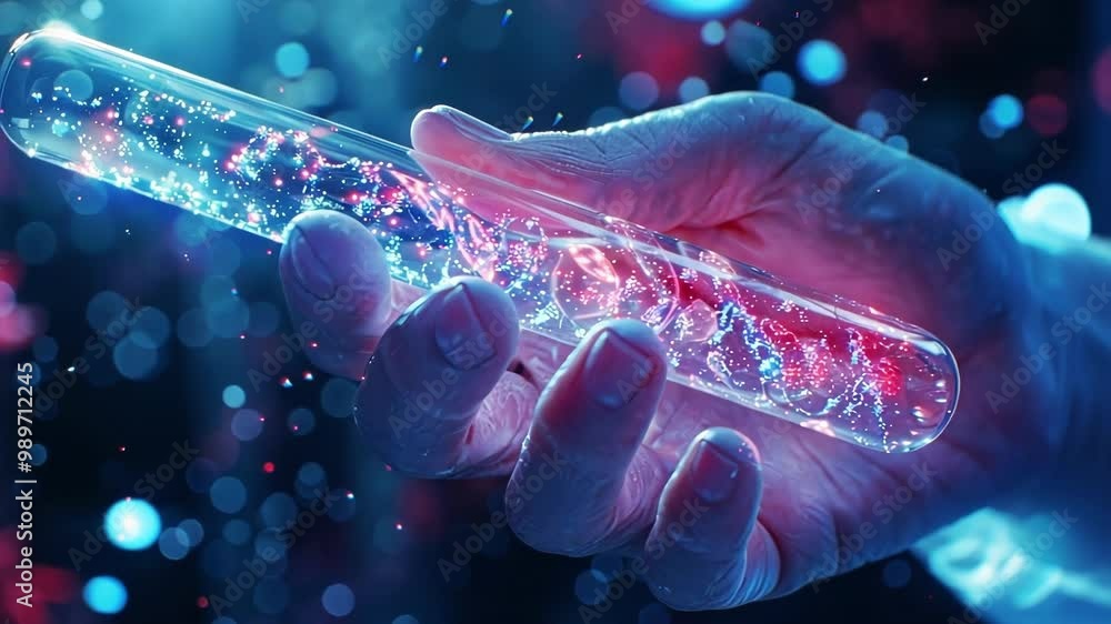 Poster scientist is holding a test tube glowing with a network of neurons, symbolizing advancements in neur
