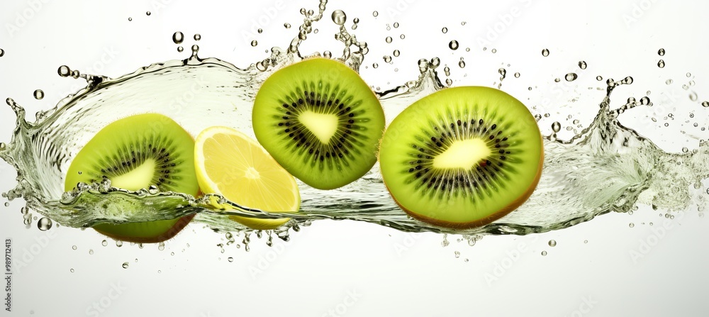 Poster fresh kiwi and lemon slices splash in water creating vibrant droplets and waves