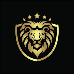 Lion head shield logo. Golden crown badge symbol. The king animal sign. Vector illustration.