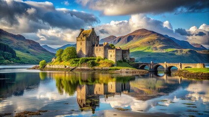 Fototapeta premium Eilean Donan Castle in Scotland with a beautiful backdrop of water and mountains, Eilean Donan Castle