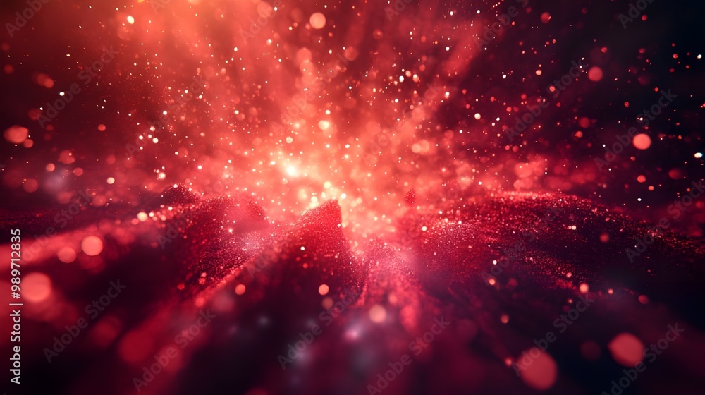 Poster abstract background with red particles and bokeh defocused lights - generated ai