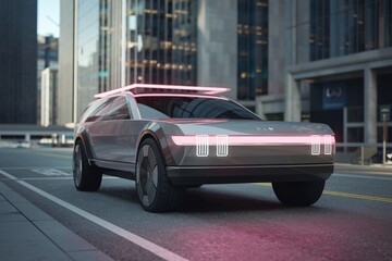 A photo of a futuristic car parked on a city street with skyscrapers in the background. The car has a pink light on the roof. 