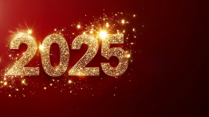 Golden 2025 text with festive sparkles on red, New Year background with copy space