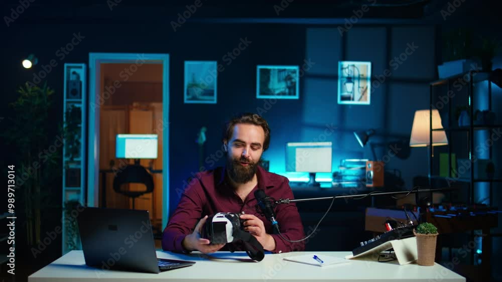 Poster tech vlogger reviewing vr goggles in neon lit studio. entertaining content creator filming technolog