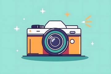  isolated illustration of a camera icon with a flash, using geometric shapes and a bold outline to symbolize photography