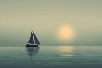 Fototapeta premium illustration of a boat on a calm sea, with a single sail and subtle waves, using only two tones to create contrast