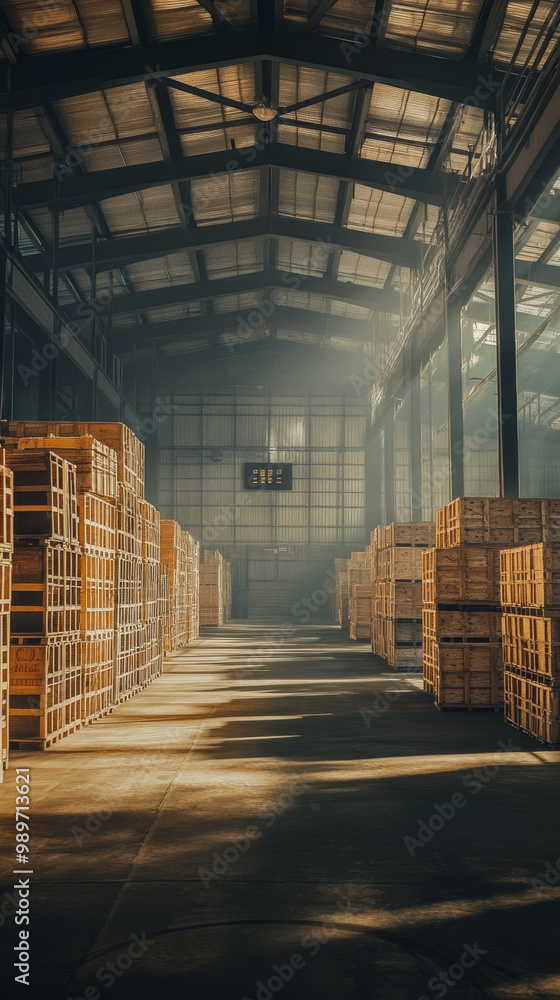 Poster a spacious warehouse interior filled with high stacks of wooden crates, illuminated by soft light fi