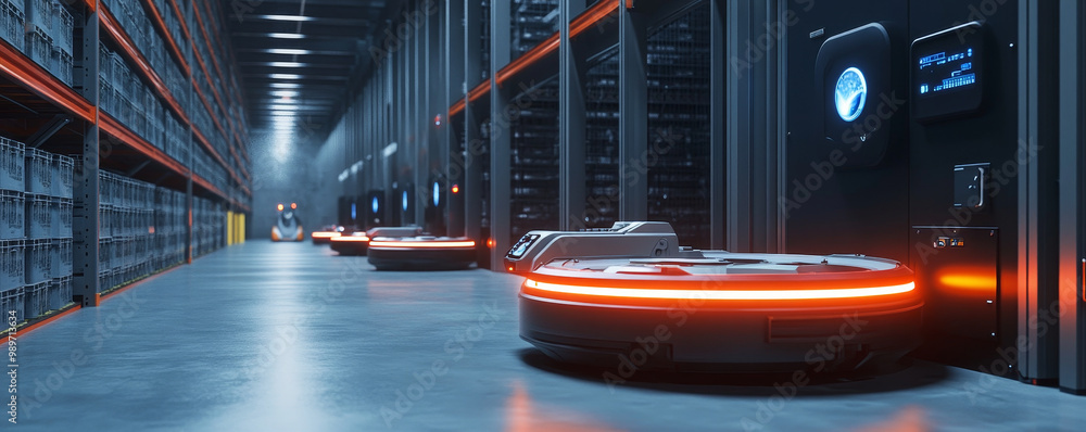 Poster automated robotic transporters efficiently move crates in large warehouse, showcasing advanced techn