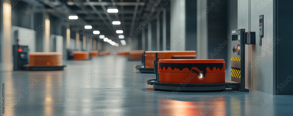 Poster automated robotic transporters are efficiently moving crates in large warehouse, showcasing advanced