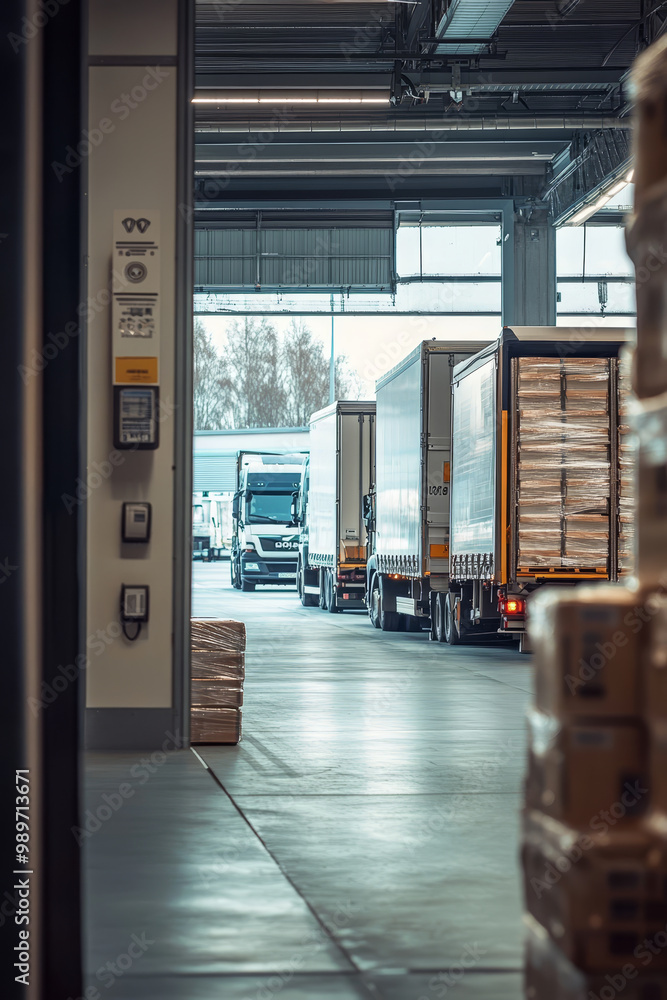 Poster modern loading dock with transportation trucks lined up, showcasing efficient logistics and warehous