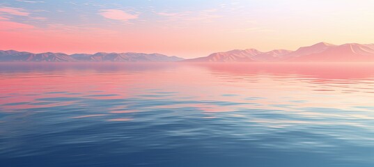 Obraz premium Tranquil sunrise over calm waters with distant mountains reflecting soft pastel colors