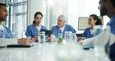 Planning, healthcare and teamwork with people in hospital boardroom for mpox protocol, research and medical cure. Medicine, collaboration and clinical trial report with doctors in meeting or workshop