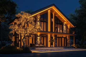 luxury classic yellow two storey house with sloping wooden walls, dry leafless tree, elegant light and stack stones floor isolated on dark background 