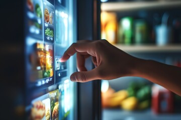 a person’s hand pressing a button on a smart refrigerator screen to create a grocery list, highlighting modern kitchen technology