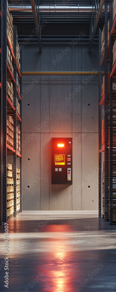 Poster a well organized warehouse storage section featuring neatly arranged crates and prominent control pa