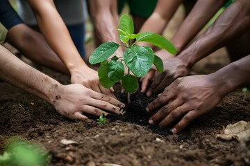 a diverse group of hands planting a tree together, with the focus on community effort and inclusion