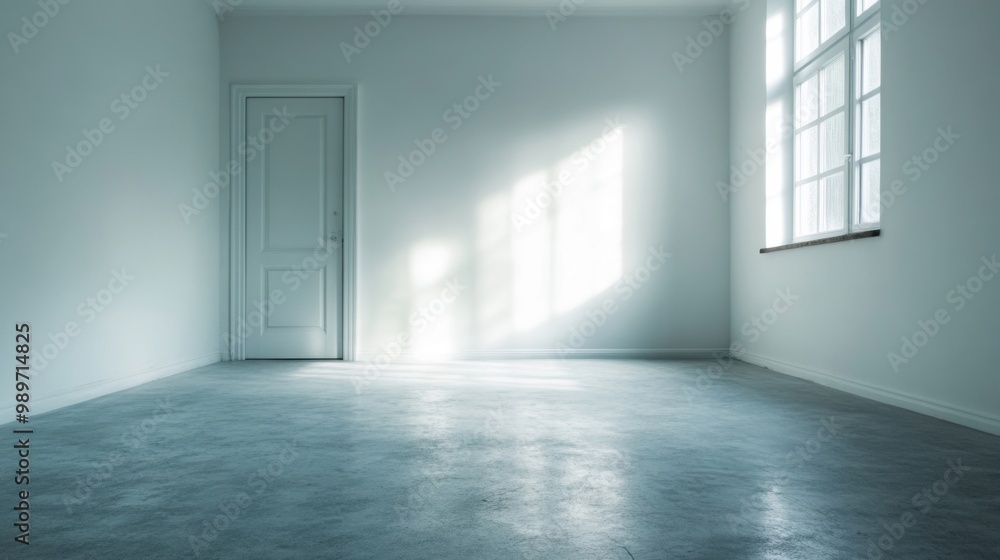 Poster an empty room with soft light illuminating the walls and floor, creating a serene atmosphere perfect