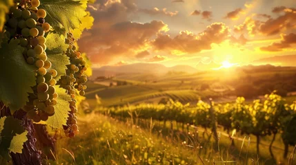 Papier peint photo Vignoble Vineyard with red grapes at sunset, green leaves and rows of grapevines in the background  © practice 