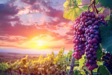 Fototapeta premium Vineyard with red grapes at sunset, green leaves and rows of grapevines in the background