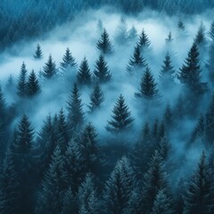 Misty fir forest with soft morning light filtering through the fog