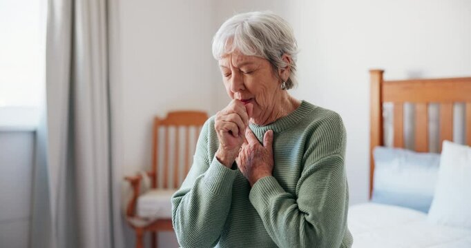 Sick senior woman, pain and cough in bedroom for heart attack, breathing problem and tuberculosis. Elderly female person, lung infection or asthma in home with retirement, bacteria and health risk