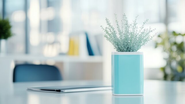 A contemporary office desk features hygiene products alongside a small potted plant, promoting a fresh workspace atmosphere