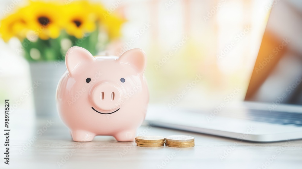 Poster a piggy bank with a smiling face is placed next to a small stack of coins on a business desk adorned