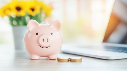 A piggy bank with a smiling face is placed next to a small stack of coins on a business desk adorned with sunflowers