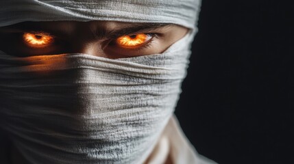 A figure enveloped in bandages reveals glowing eyes, creating an eerie presence in a shadowy environment
