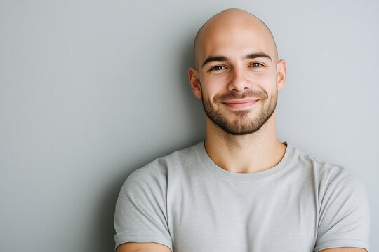 Handsome bald twenty something year old man smiling  at the camera