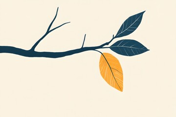 a single leaf gently falling from a tree branch, with clean lines and a simple color palette to evoke calmness