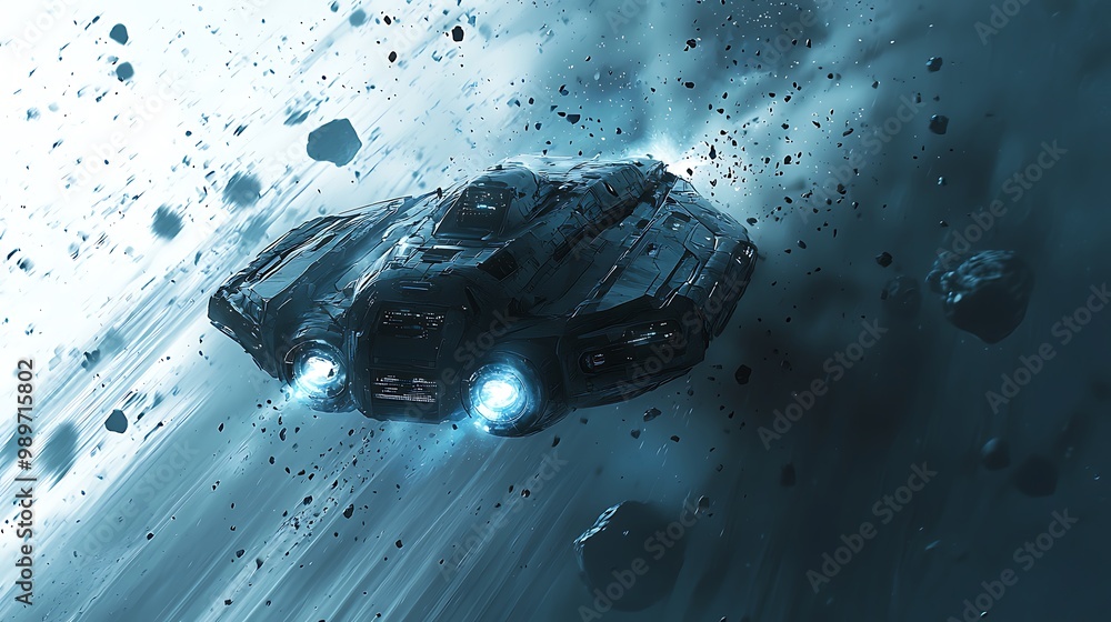 Poster a spaceship darts through space, asteroids and stars forming its path.