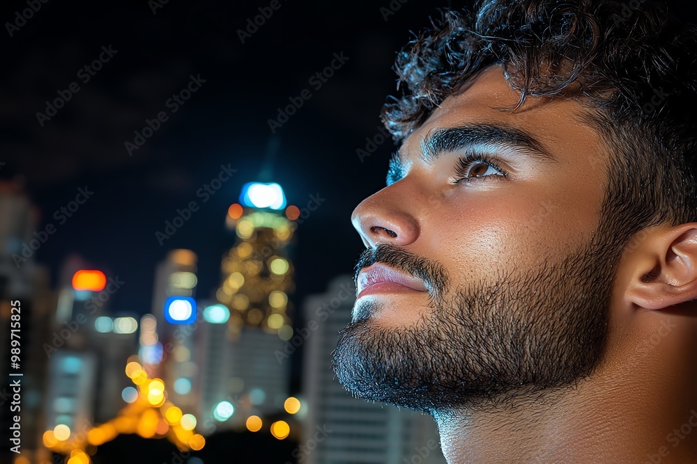 Poster a close-up of a manâ€™s face in profile, illuminated by the glow of a city skyline at night, creatin