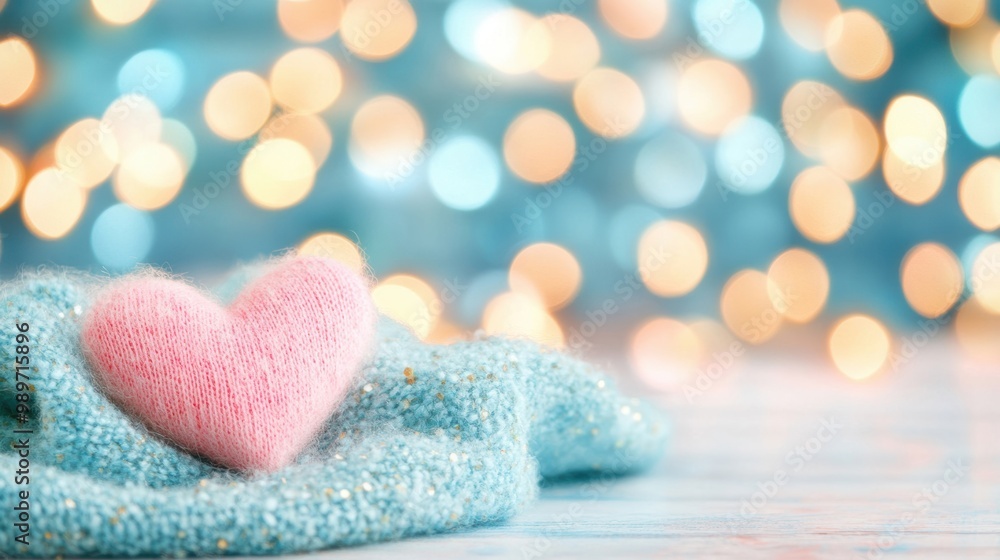Poster delicate pink heart placed on gentle satin fabric with a shimmering bokeh background creating a warm