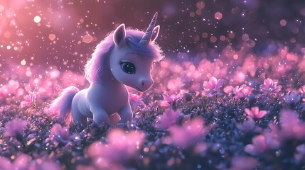 A magical unicorn prances through a field of pink flowers, bathed in sparkles.