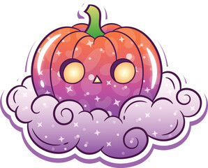 Halloween cute pumpkin drawing with sparkling cloud without background
