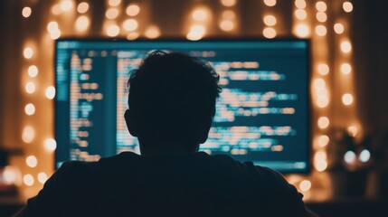 A programmer is focused on coding late at night, surrounded by warm lights that create a comforting atmosphere
