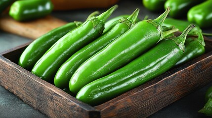 Green Chili Peppers in Wooden Tray